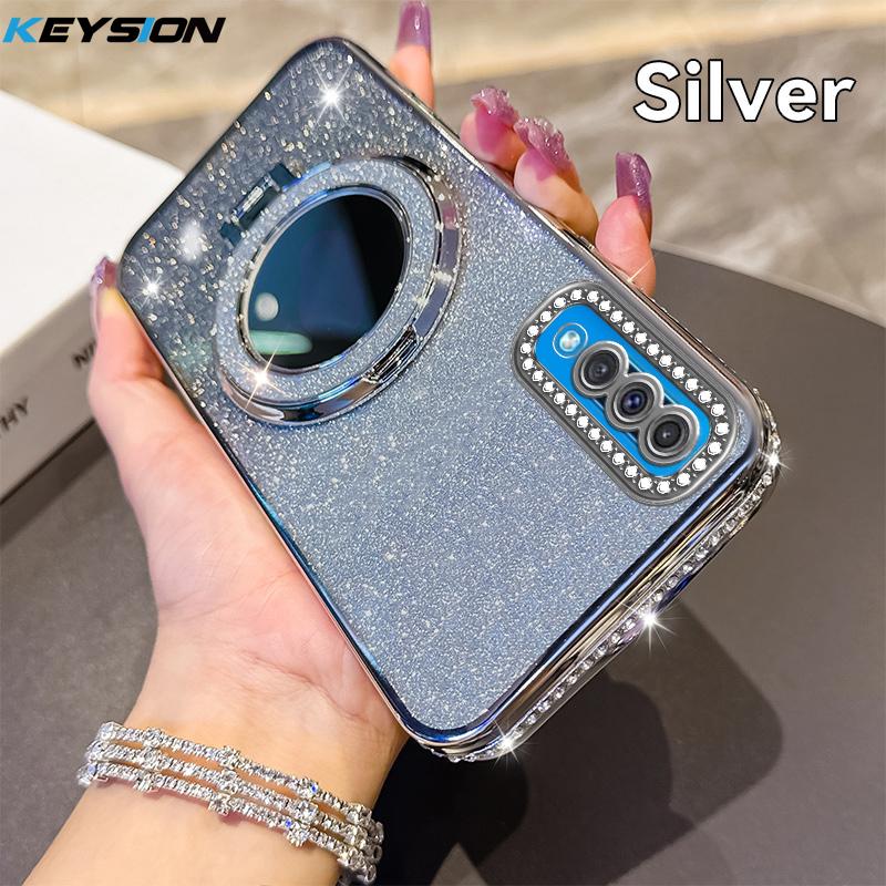 KEYSION Luxury Glitter Jewelled Magnetic Phone Case for Samsung Galaxy A50 A50S A30S Makeup Mirror Stand Shockproof Back Cover