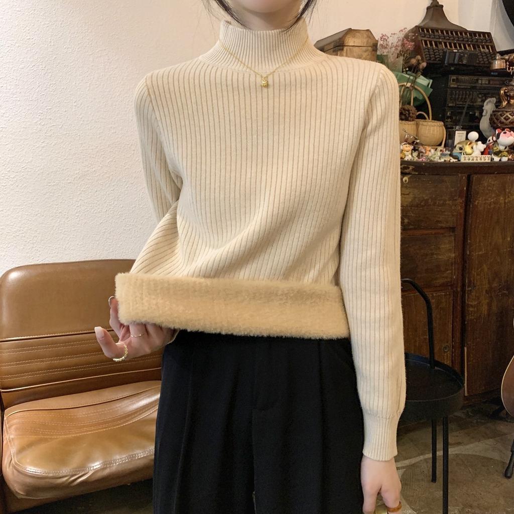 Winter Thickened Integrated Fleece Semi-turtleneck Sweater Women's Simple Pit Strip with Knitted Top Solid Color Bottoming Shirt