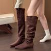 Coarse Heel Khaki Suede Tall Pile Knight Boots Women's Boots 2025 Autumn and Winter V-mouth Skinny Boots