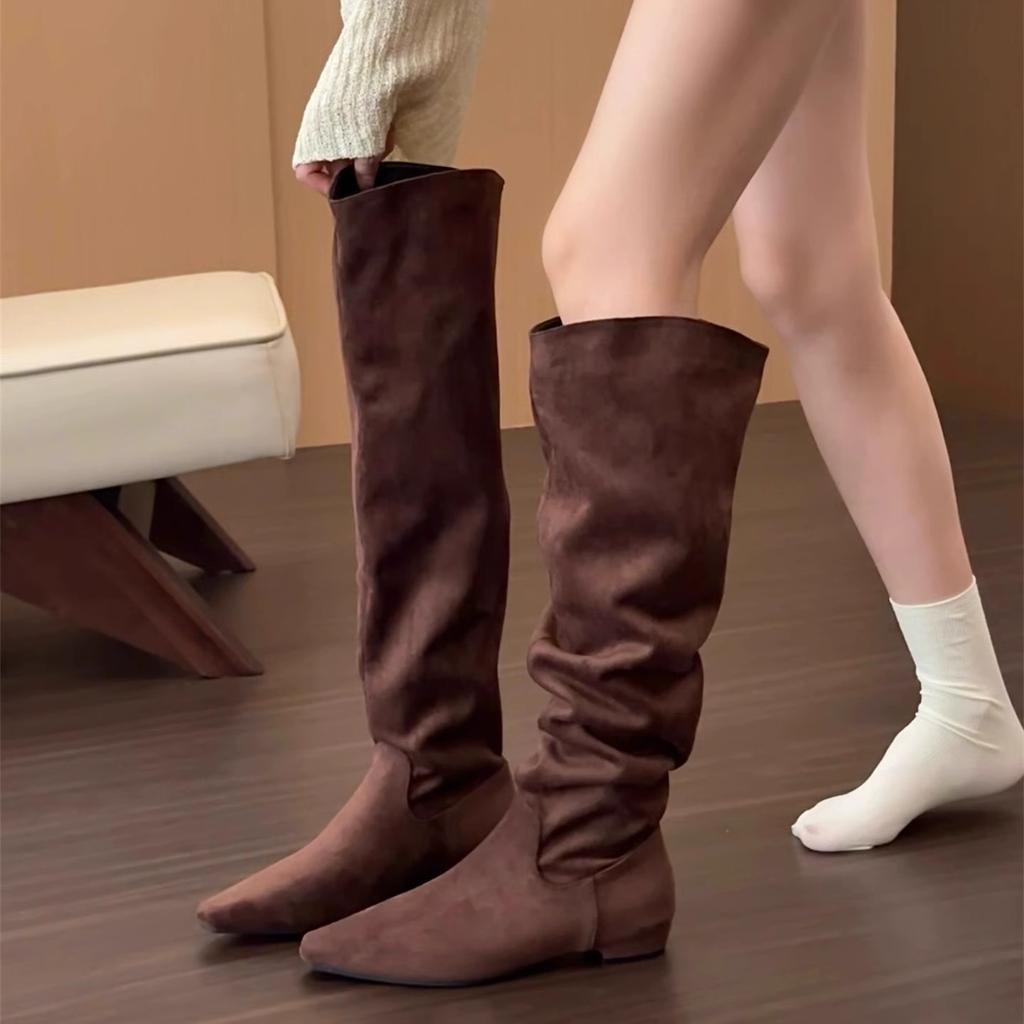Coarse Heel Khaki Suede Tall Pile Knight Boots Women's Boots 2025 Autumn and Winter V-mouth Skinny Boots