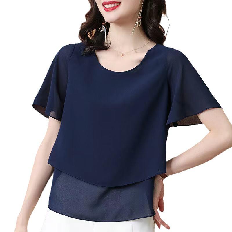 Bluză de damă din șifon cu mânecă scurtă din două piese mărimi mari - Modă 2024 pentru mame de vârstă mijlocie