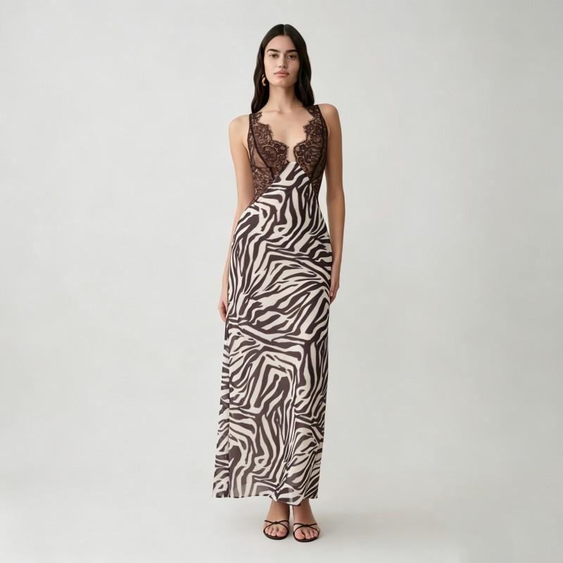 Womens Zebra Print Lace Spliced Bodycon Slip Dress With Side Slit V-Neck Maxi