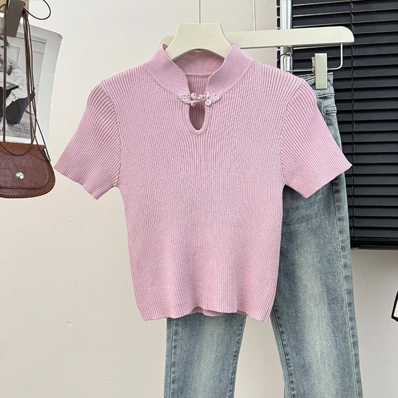 

Вязаный свитер с воротником-стойкой на пуговицах в китайском стиле для женщин, весна-лето, облегающий, внутренний слой, нижний слой, темперамент, короткий рукав, топ L