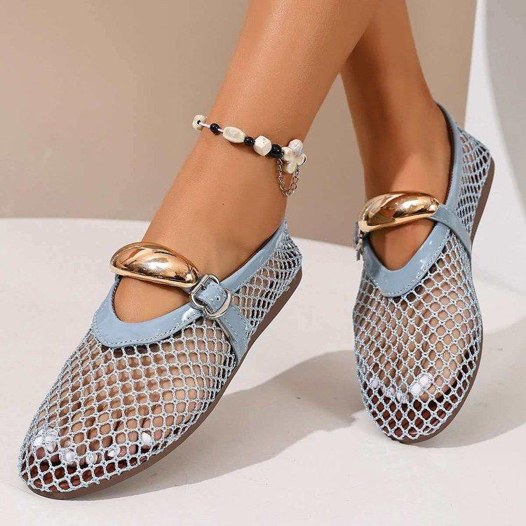 Summer Women's Fashion Metal Decor Belt Flat Soft Soled Shoes Ladies Mesh Breathable Casual Round Toe Flats Women Shoes