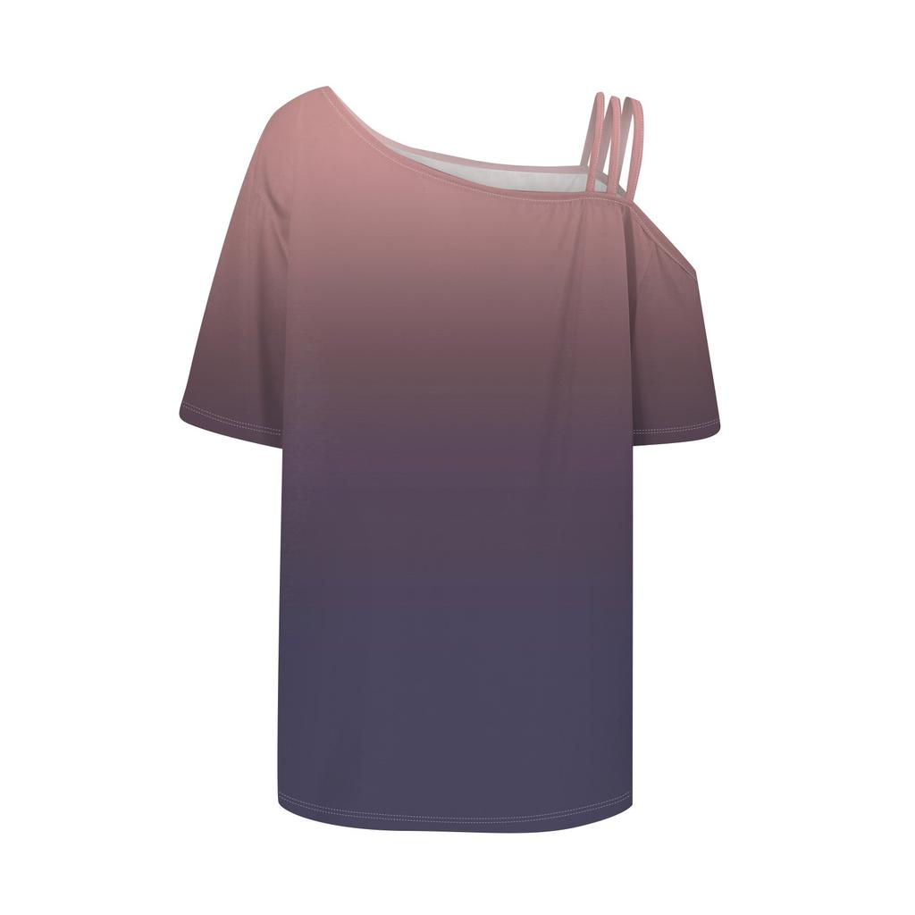 Women's Fashion One Shoulder Gradient Color Sexy Mid Sleeve Casual T-Shirt