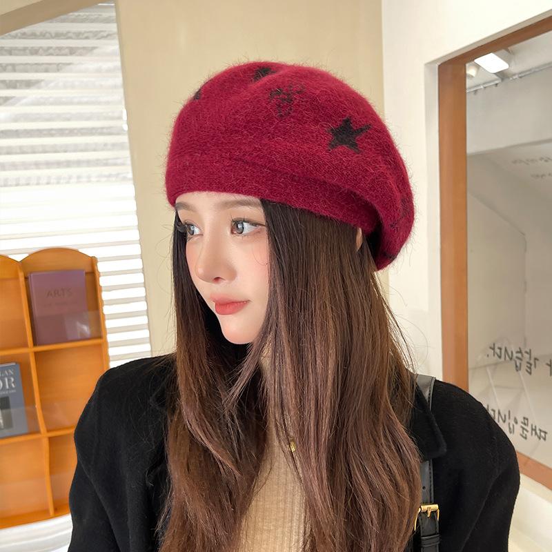 Women's Beret Hat Autumn and Winter Solid Color Knitted Woolen Hat Warm Thick Soft Vintage Painter Premium Hat