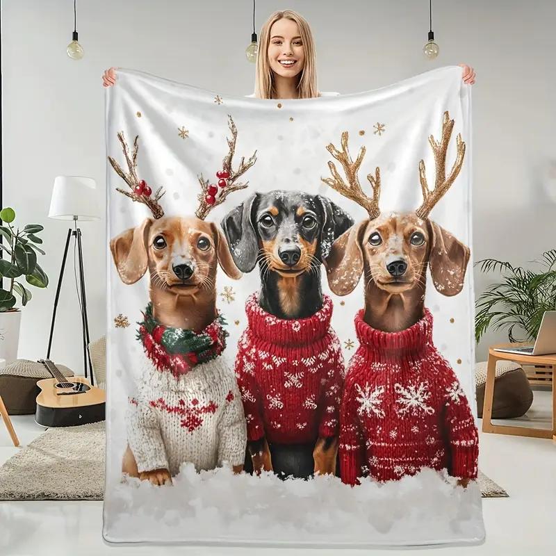 1 Christmas Dachshund Reindeer Horns Flannel Blanket - Cozy and Warm, Great for Sofa, Bed, Travel, Camping and Office Decoration