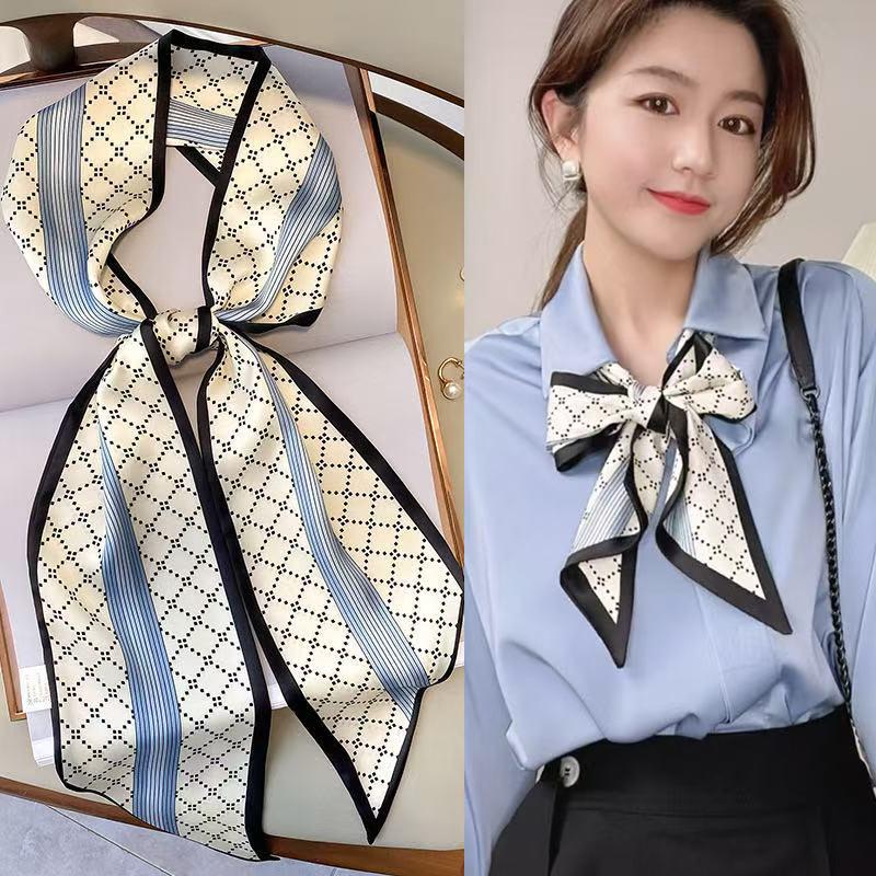 Silk Scarf: Long, Narrow, High-End Print for Spring and Summer - Versatile as Shirt Ribbon, Belt, or Hair Tie.