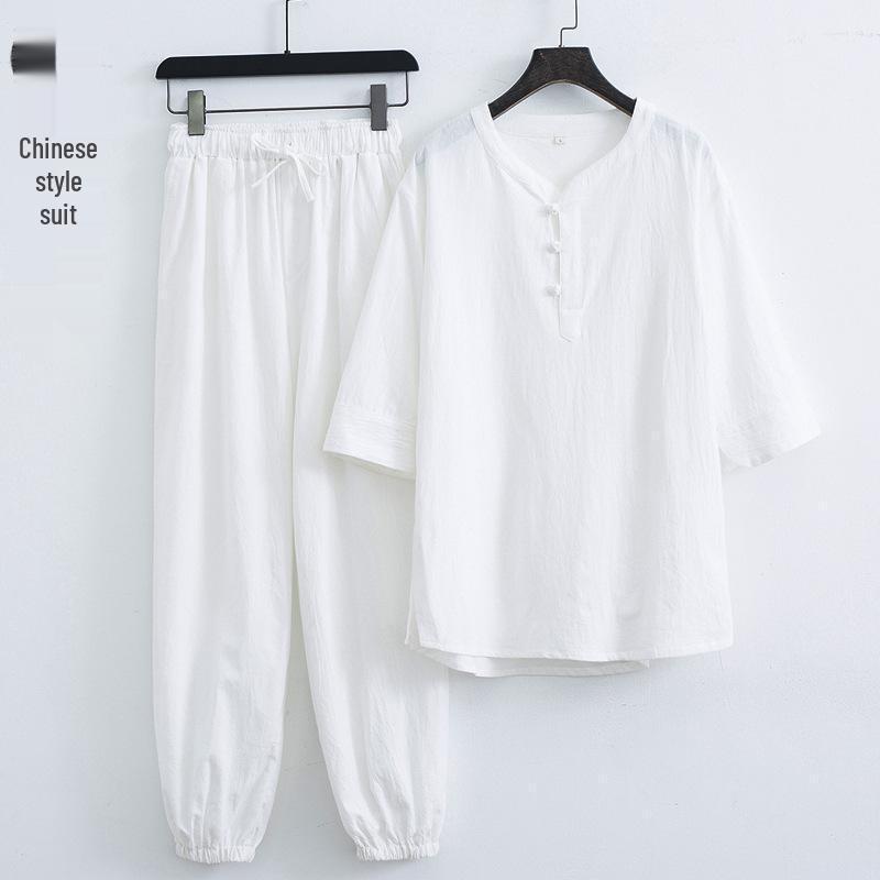 Men's White Zen Buddhist Meditation Suit: Cotton Linen Daoist Robe & Tang-Style Top