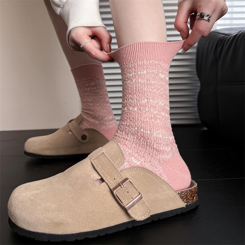 Pure Cotton Socks for Women, Thick and Warm Mid-calf Socks for Autumn and Winter, Double-needle and Double-loop Piled-up Long Socks