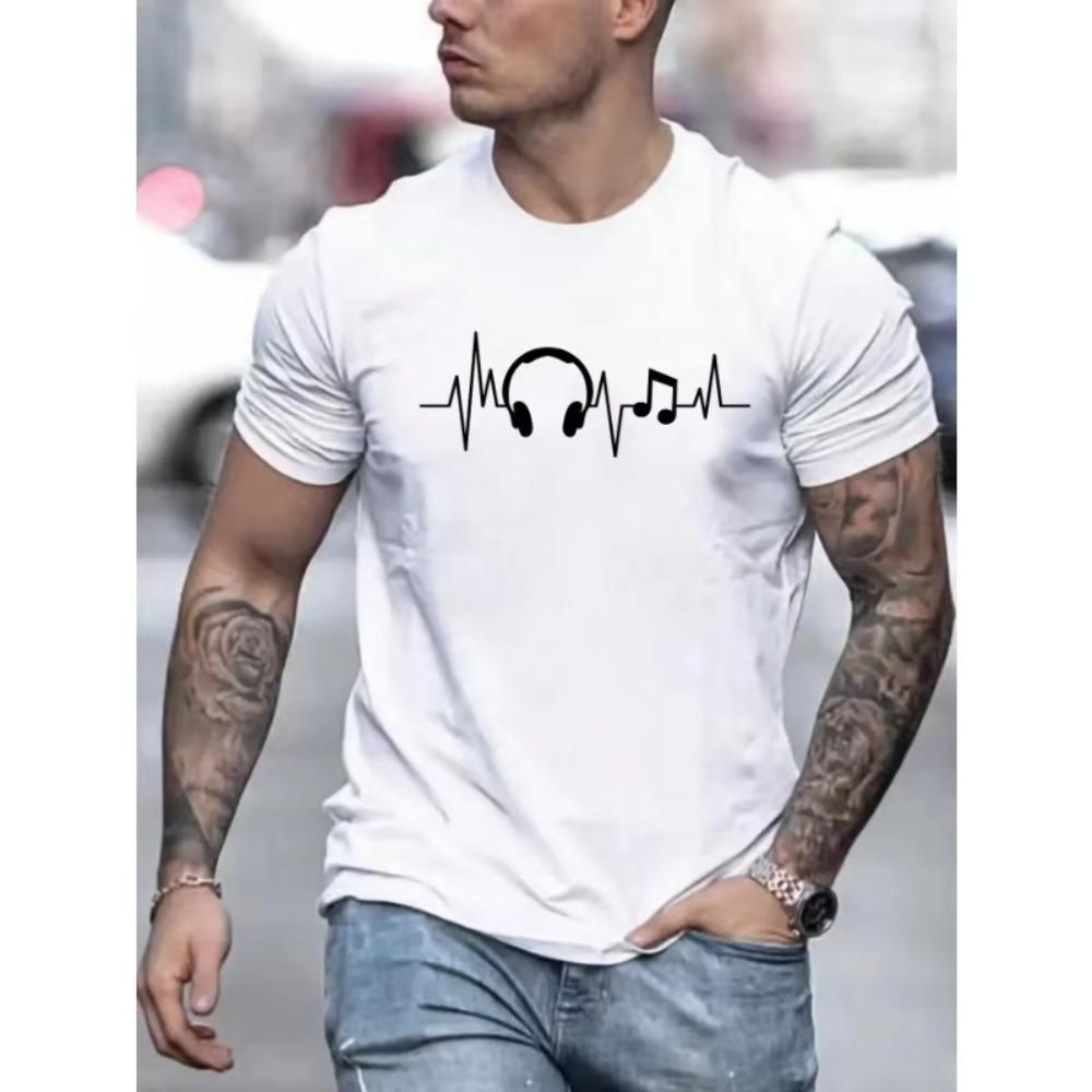 Men's Summer Earbuds Printed Round Neck Short Sleeve Casual  T-shirt New Fashion Daily Loose Size Couple Street T-shirt