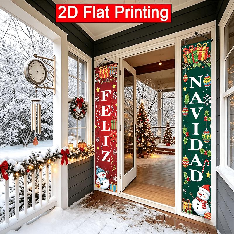 2D Flat - 2pcs 2D Flat Spanish Merry Christmas Theme 30.48X179.83 cm Polyester Door Couplets, Classic Christmas Element Design, Suitable for Outdoor A