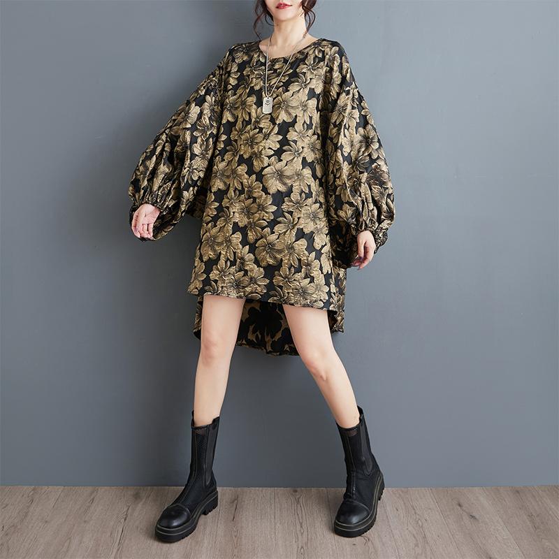 Long Sleeve Plus Size Jacquard Vintage Floral New In Dresses for Women Casual Loose Midi Spring Autumn Dress