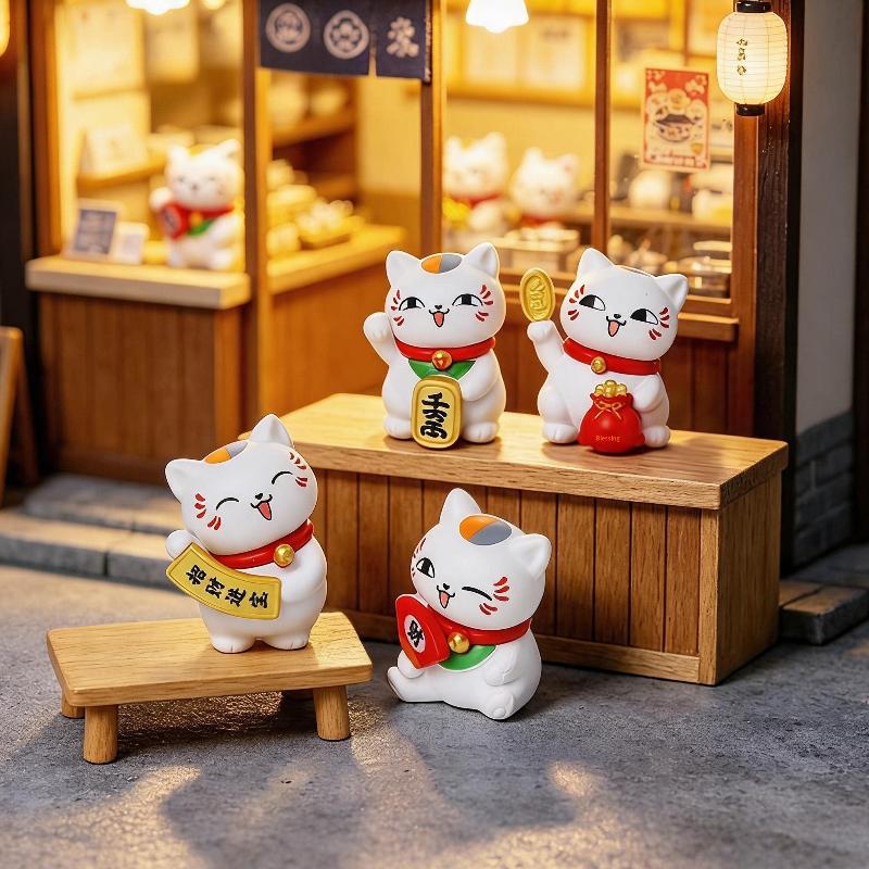 6 Stück Mini Harz Glückskatze Figuren Set Niedliches Design Segen für Gutes Glück Ideal für Zuhause Büro Schreibtisch Auto Dekor