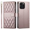 For iPhone 15 Pro Max Case Rhombus Stitching Wallet Stand Leather Phone Cover with Long/Short Strap