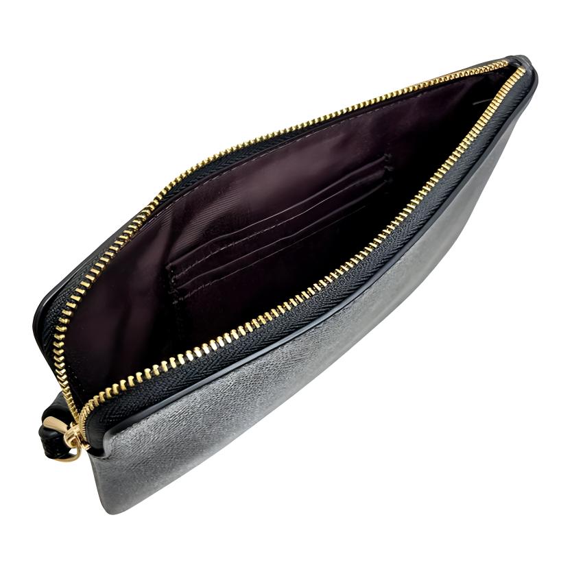 Coach Corner Zip Wristlet 20 With Metal Logo Zipper Closure In Crossgrain Leather Women Wristlet Gold Black CV395-IMBLK