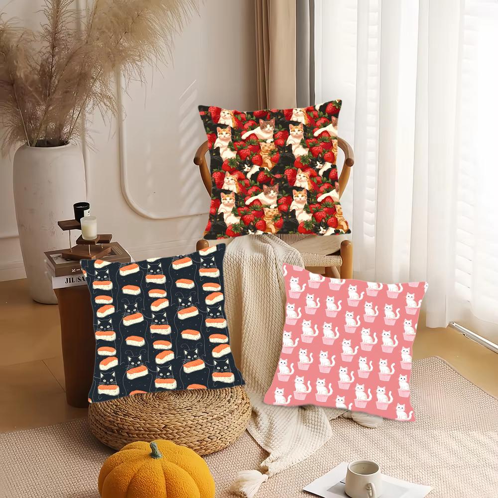 Cat Cake Pattern Cushion Cover Silky Short Plush DoubleSided Printed Pillow Case for Sofa All Seasons Home Decor Gift