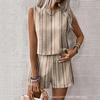 Women's Sleeveless Striped Tank Top and Shorts Set in Beige with Black Stripes | Casual Summer Two Piece Outfit