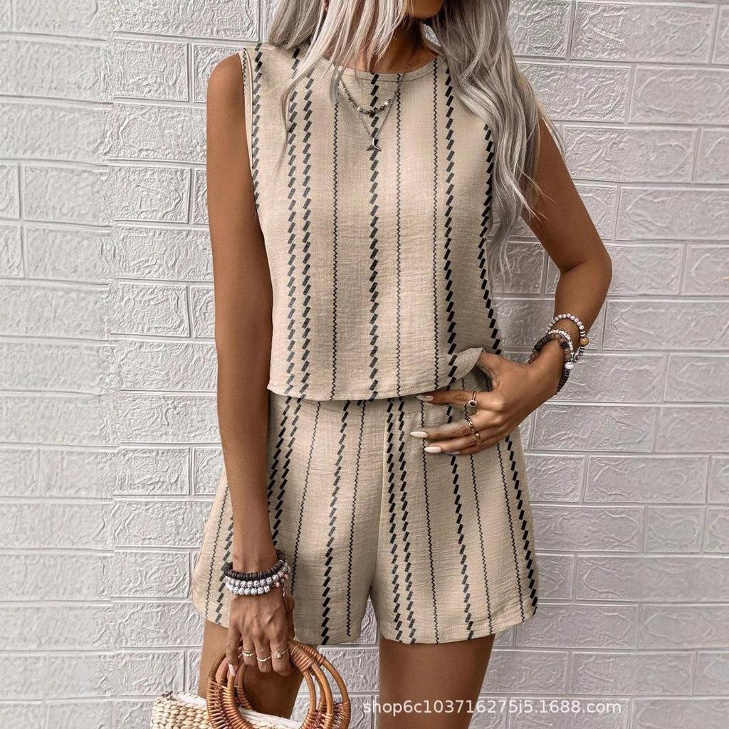 Women's Sleeveless Striped Tank Top and Shorts Set in Beige with Black Stripes | Casual Summer Two Piece Outfit