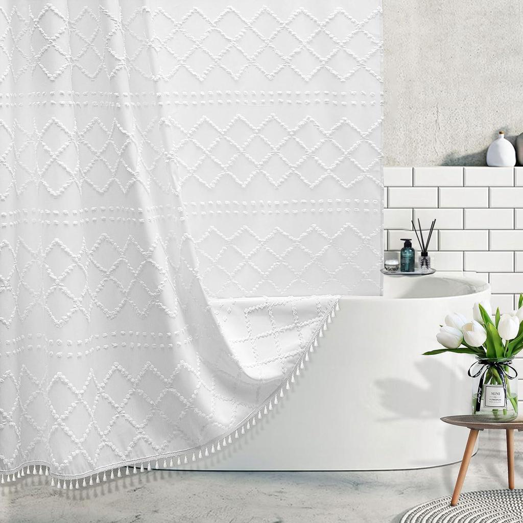 Waterproof Tassel Lace Shower Curtain with Floral Design