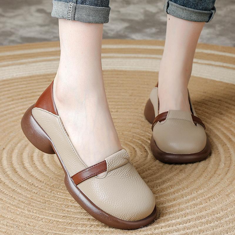 Genuine Leather Women's Shoes Low Heeled Retro Cowhide Single Shoes Women Shallow Mouth Loafers Ladies Casual Comfortable Shoes