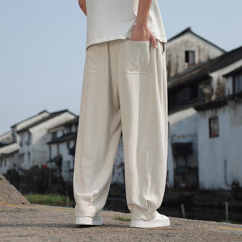 Men's Trendy Cotton and Linen Straight-leg Pants Spring and Summer New Casual Pants Large Size Wide Leg Drape