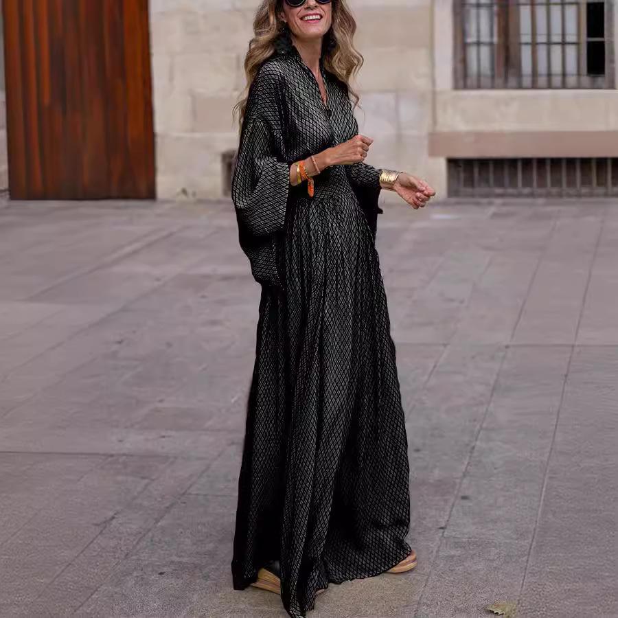 2026 Women's Spring/Summer V-Neck Long Sleeve Loose Dress with Cinched Waist and Wide Hem