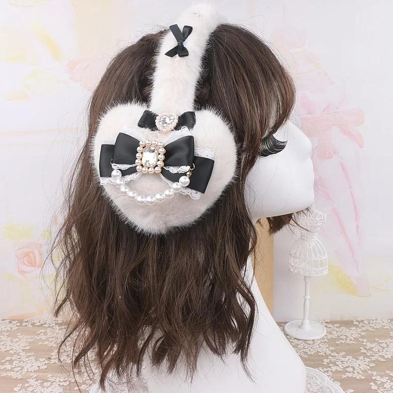 Handmade Japanese Sweet Mine Hairy Rhinestone Big Love Bow Warm Earmuffs Lolita Sweet Girls Earmuffs