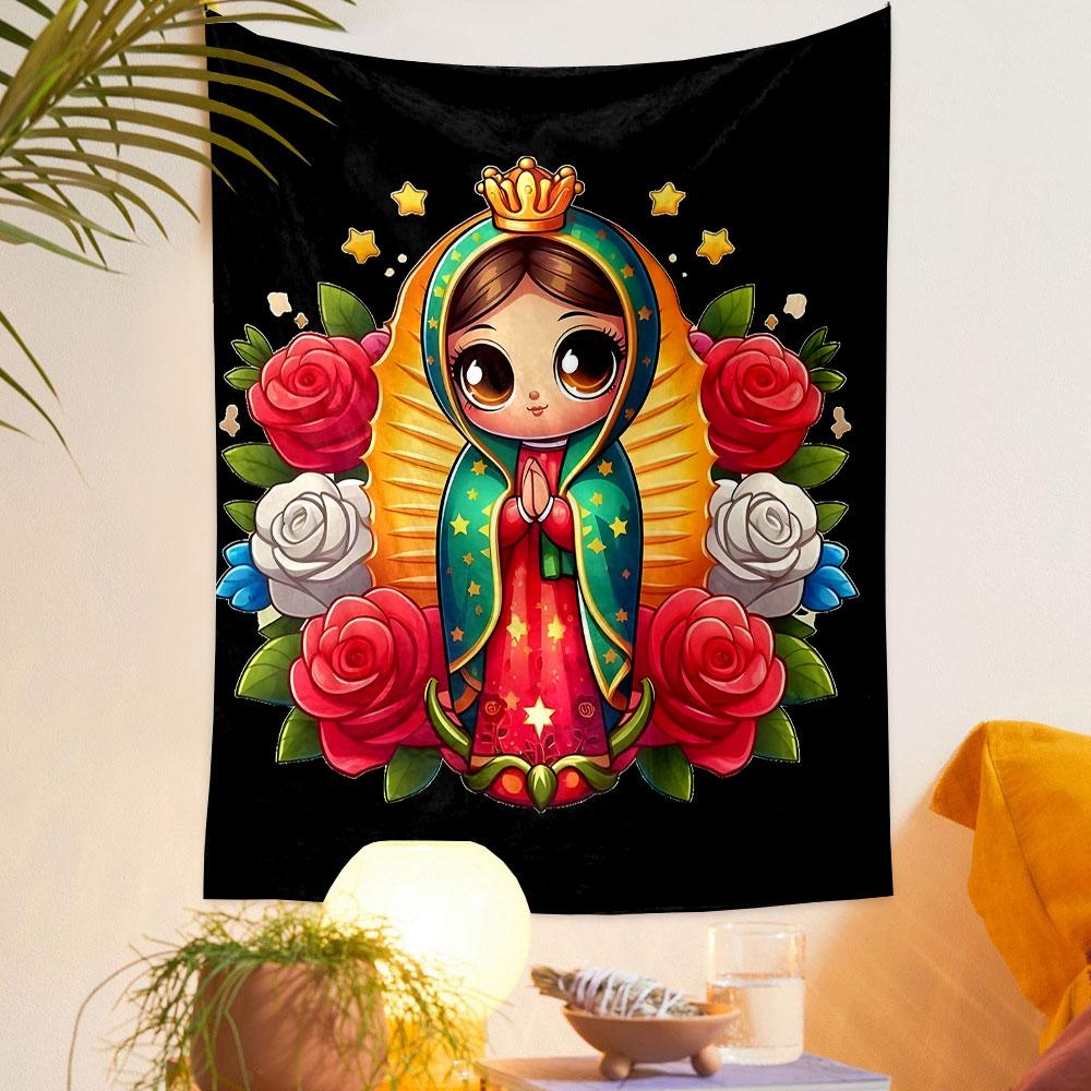 Cute Virgin Mary with Roses Artwork Patterned Tapestry Decorative Wall Hanging, Home Bedroom Living Room Decor