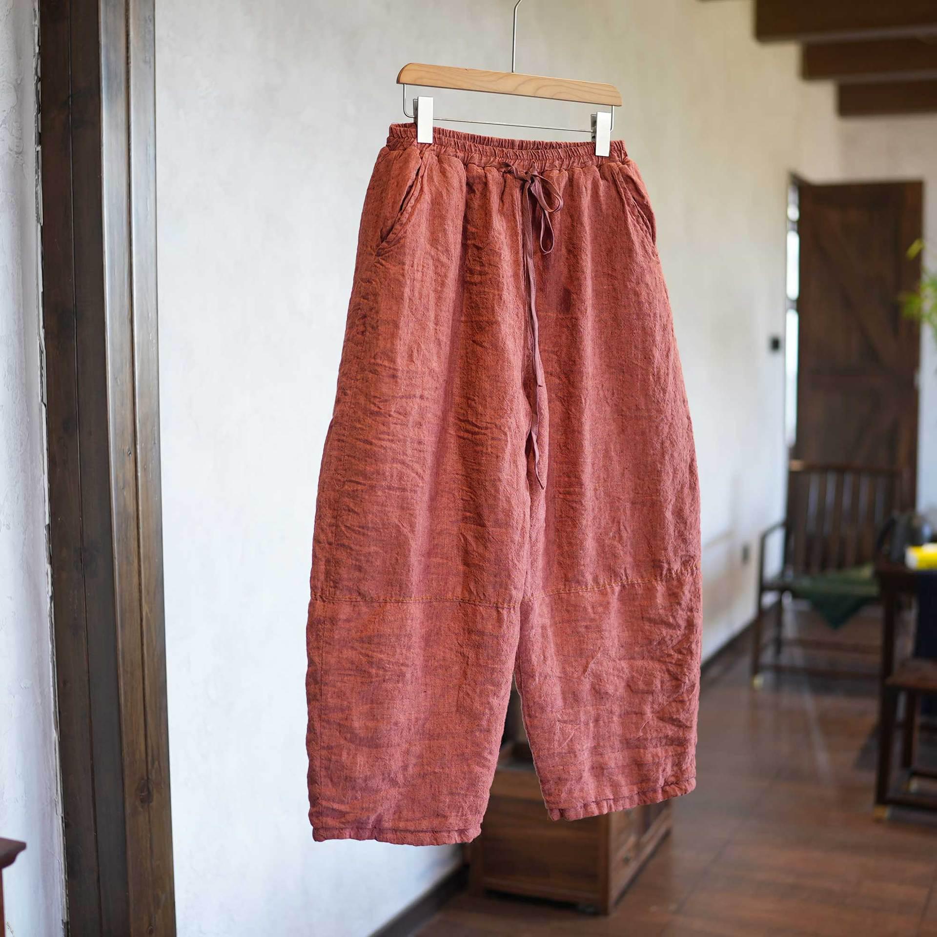 

307 Winter Thick Cotton Yarn-Dyed Linen Straight-Leg Loose Casual Pants One Size