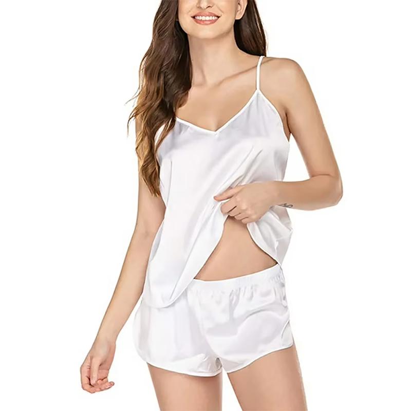 Top cu bretele spaghetti pentru femei, pijama din satin, confortabil, culoare uni, casual, îmbrăcăminte de noapte, set de vară cu pantaloni scurți, îmbrăcăminte de noapte, îmbrăcăminte de dormit, 2 piese/set