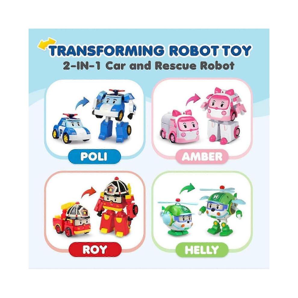 Robocar Poli 4er-Pack: Poli + Amber + Roy + Helly, transformierbare Roboter-Spielzeuge, 10 cm große, transformierbare Actionfiguren, Einsatzfahrzeug-Spielset, Weihnachts- und Geburtstagsgeschenk