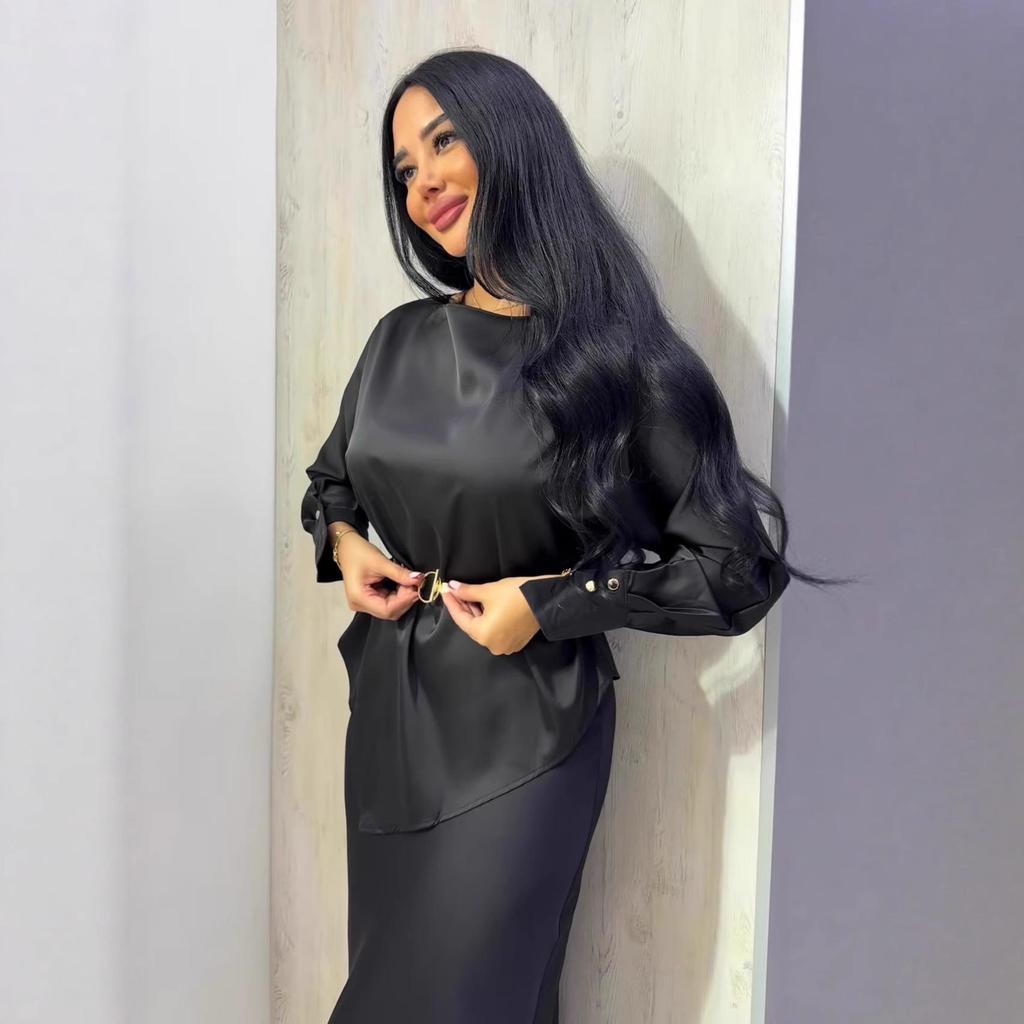 2025 Fall European & American Women's Round Neck Waist-Cinching Long Sleeve Top & Half Skirt Solid Color Set