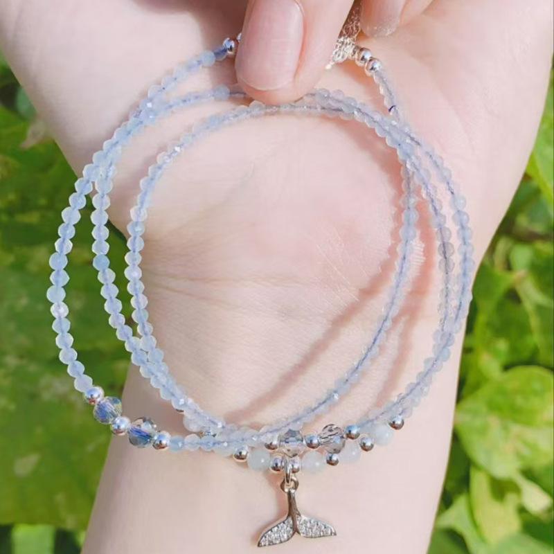 Crystal jewelry, three circles of sea blue cut surface, round bead fishtail pull-out silver bracelet.