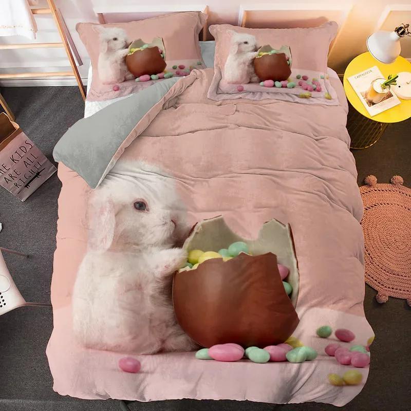 Comforter Cartoon Rabbit King Queen Pet Animal Carrot Bedding Set For Kids Easter Theme Bule 2/3Pcs Polyester