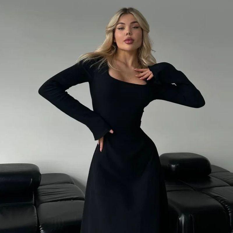 European and American Sexy Square Collar Long sleeve dress Women Autumn and Winter New Solid Slim fit Slimming Sheath Fishtail Formal Dress Long dress