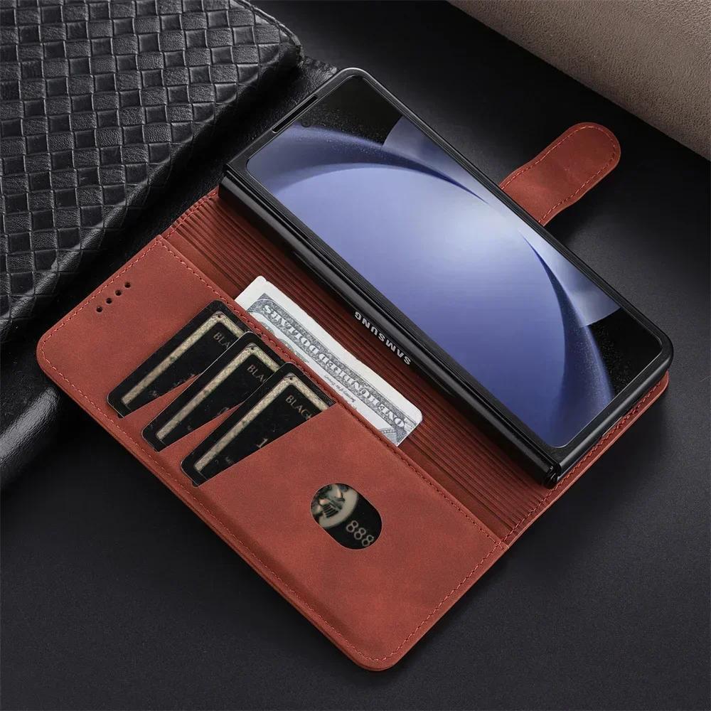 Fashion Business Sle Bla Flip Skin Feel Leather Phone Case for Samsung Galaxy Z Fold 7 6 5 4 3 Bracket Wallet Shockproof Cover