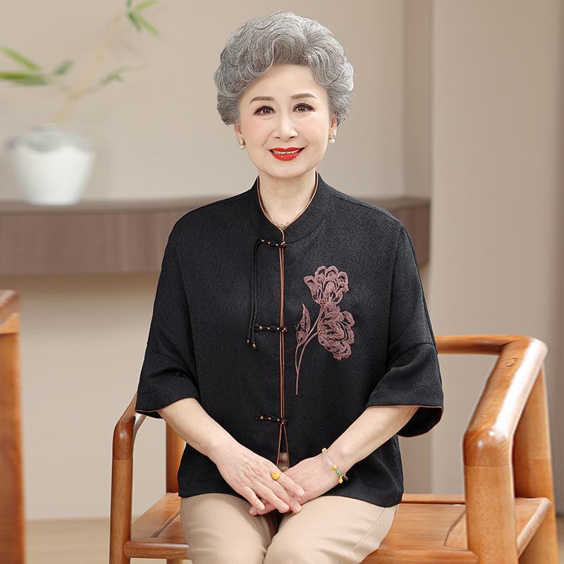 

New Chinese Style Loose Summer Shirt for Middle-Aged Women - Large Size, Lightweight L (80-100 kg recommended) чорний