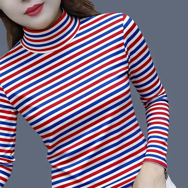 Großgröße Gestreifter Rollkragenpullover Dünnes Oberteil in Großgröße Langärmeliges Oberteil für Damen Mutter Sommer Locker und Vielseitig Unterziehshirt