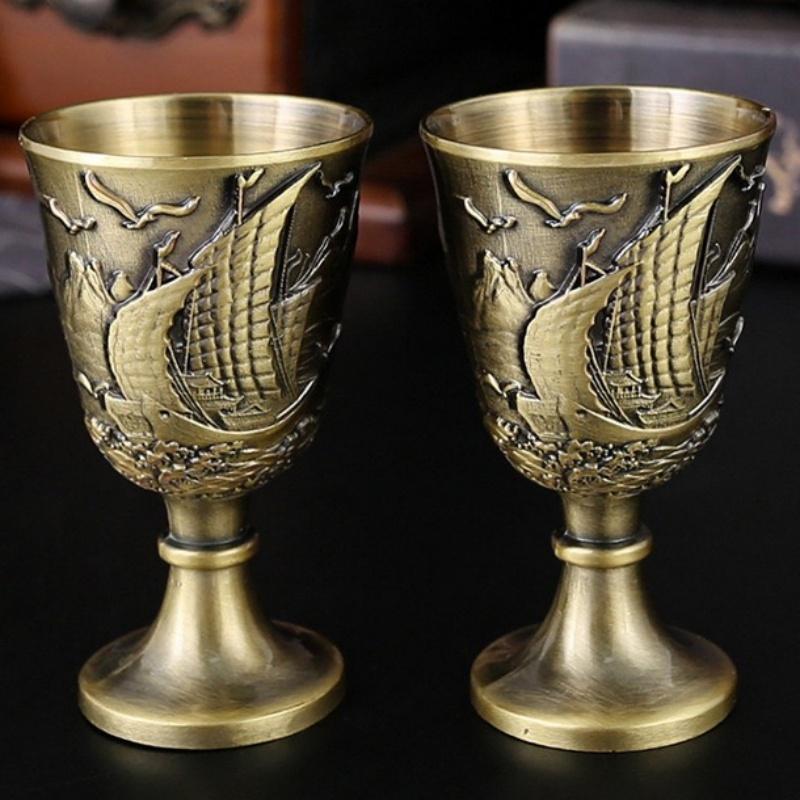 Holy Grail, Alloy Retro Relief Sailing Cup, European Portable Mini Vodka Glass, Creative Home Living Room Decoration Gift, 1pcs