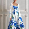 European and American style summer new long-sleeved blue and white porcelain printing long dress dress long dress