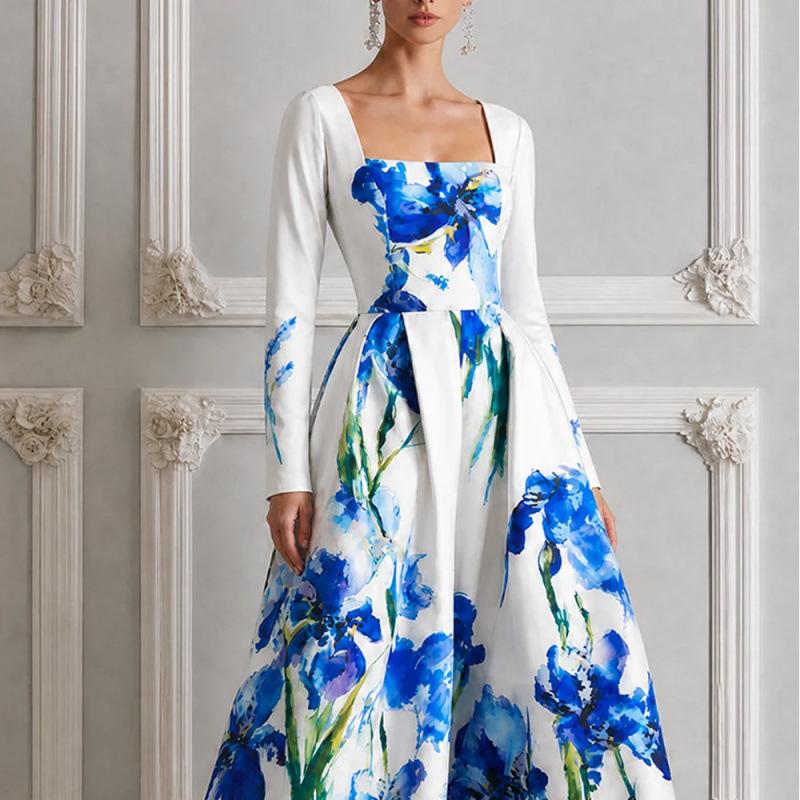 European and American style summer new long-sleeved blue and white porcelain printing long dress dress long dress