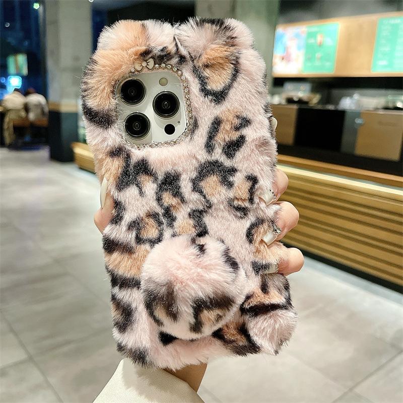 Custodia in Peluche con Stampa Leopardata Cartone Animato e Pelliccia di Coniglio per iPhone 17 Air 16 13 12 11 Pro Max XS XR X 7 8 Plus Copertura Antiurto