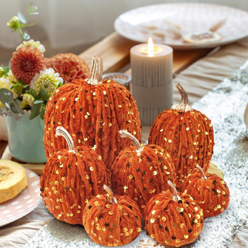 7 Pieces Artificial Glitter Pumpkins Assorted Velvet Pumpkin Faux Fall Decorations