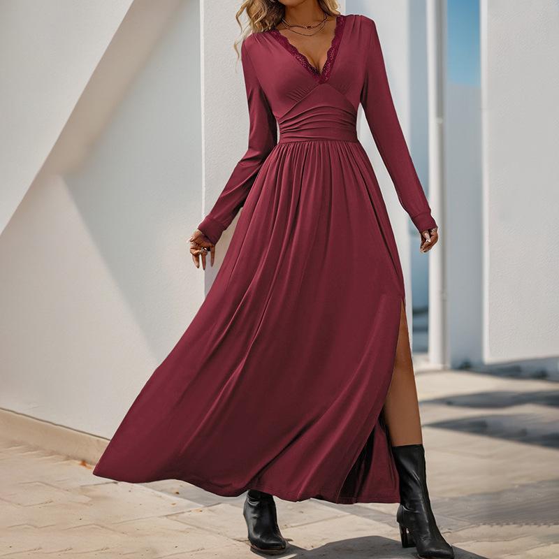 European & American Style Pleated Long Dress with Lace Slit for Spring