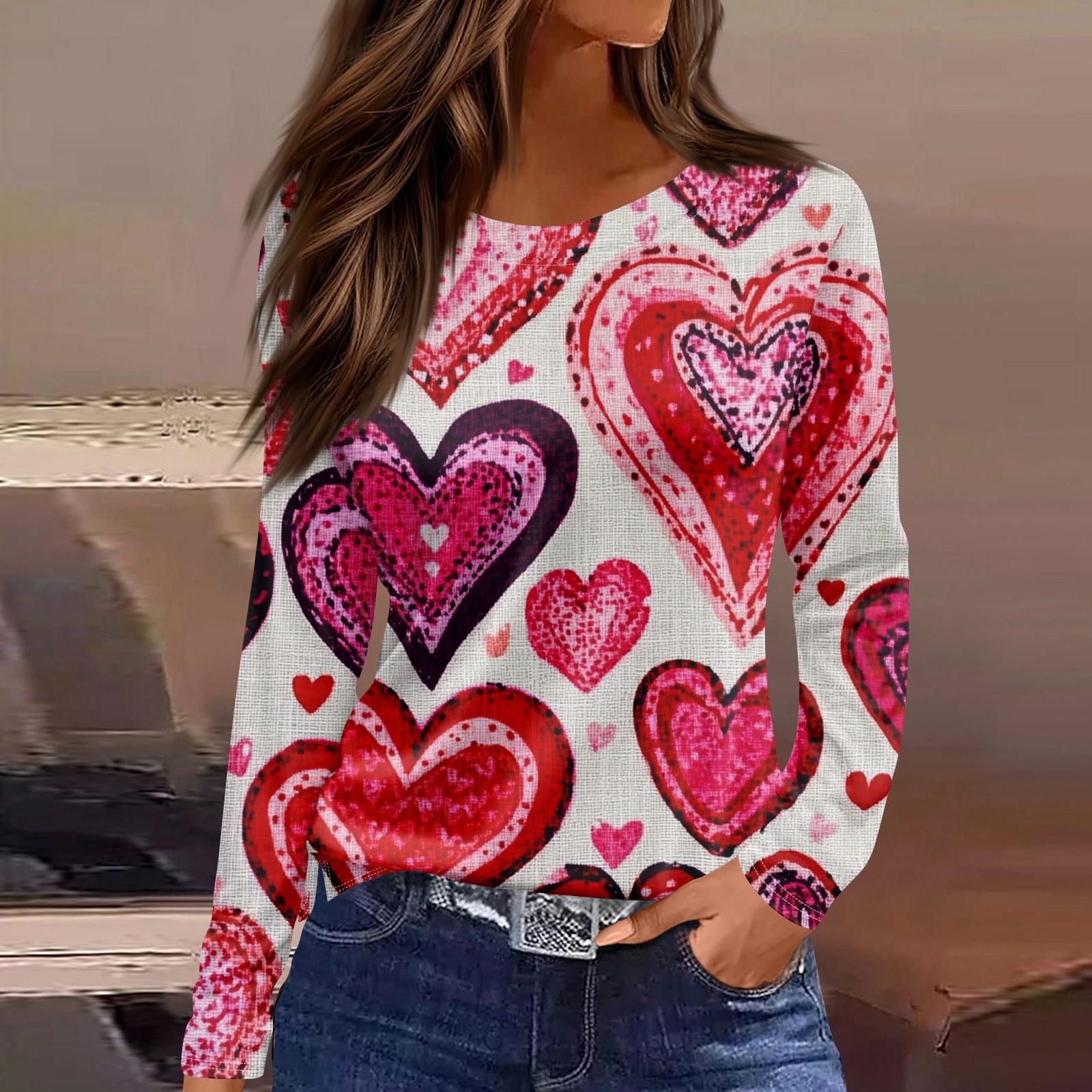 

Женская мода День святого Валентина принтованный круглый вырез повседневный длинный рукав топ M киноварь