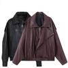 Womens Oversized Vintage Streetwear Leather Jacket Black Purple Loose Fit Zipper Front Mid-Length Fall 2025