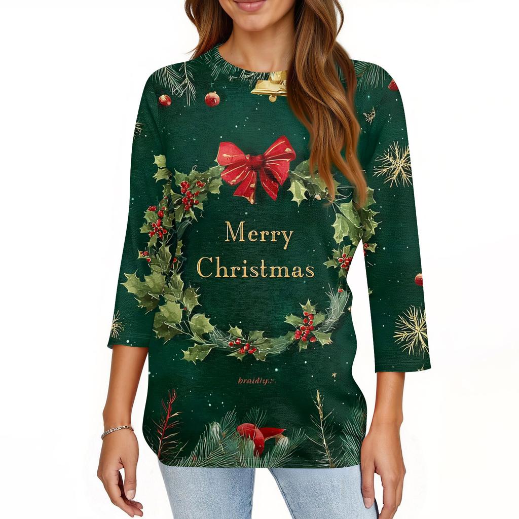 Women's Fashionable Casual Three Quarter Sleeve Christmas Printed Round Neck Top