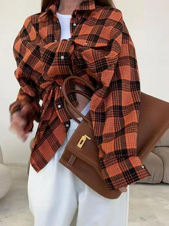 Retro Plaid Long Sleeve Loose Shirt with Turn-Down Collar for Women, 2025 Spring/Autumn