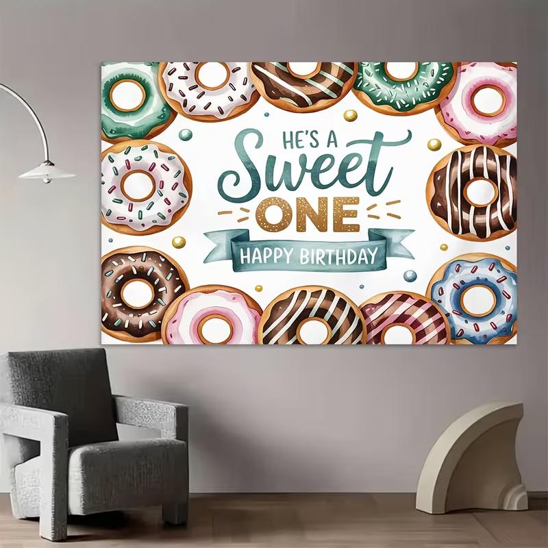 2D Sweet One Donut Themed Backdrop, 1st Birthday Party Photography Background Banner